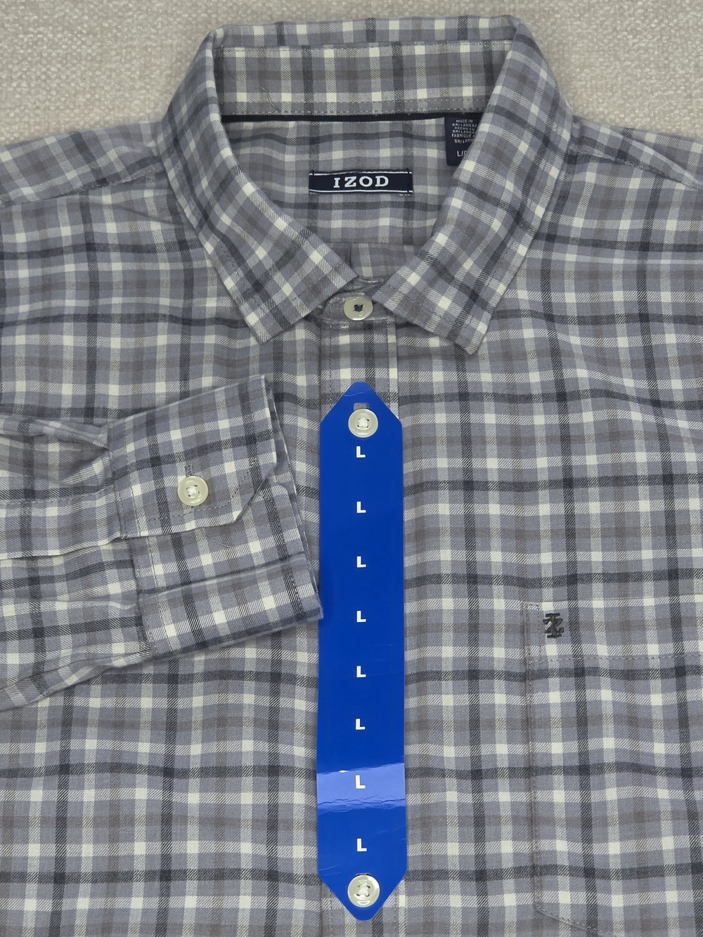 IZOD Men's Large Long Sleeve Button Down Shirt Gray Plaid Cotton Blend NWT